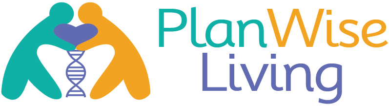 The logo for planwise living shows two people hugging each other.