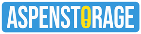 The logo for aspenstorage is blue and white with a yellow circle in the middle.