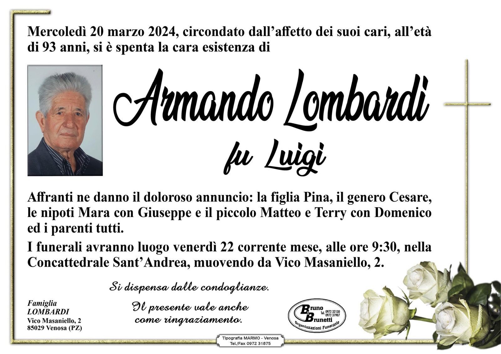 necrologio  Armando Lombardi