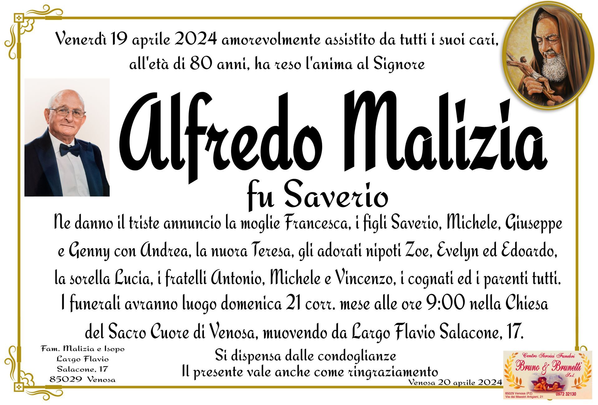 necrologio  Alfredo Malizia