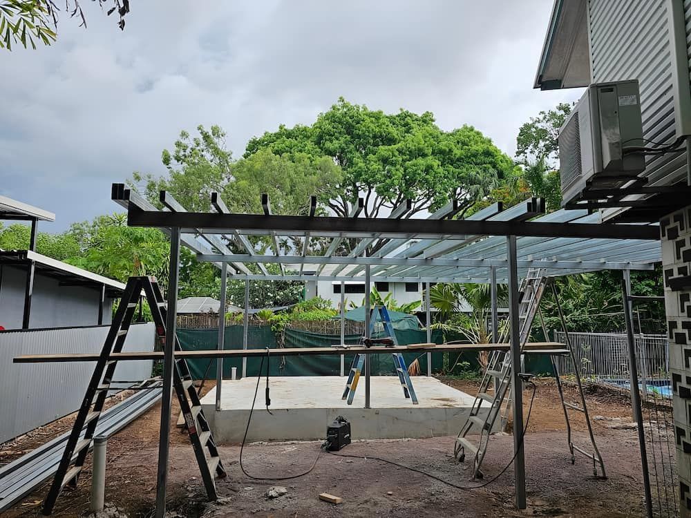 Construction Site: Metal Frame for a Patio Roof Being Built — KNG Roofing And Construction in Tennant Creek, NT