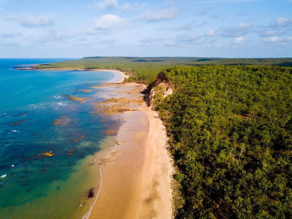 Aerial View of a Sandy Beach Meeting a Dense Green Forest — KNG Roofing And Construction in Gove, NT