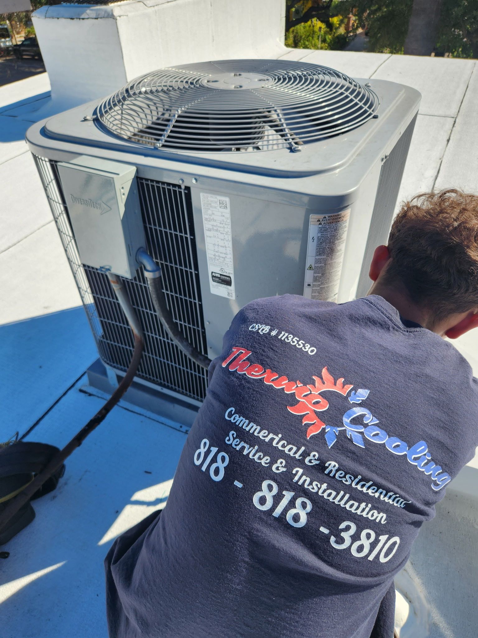 A person in a blue shirt is working on an AC unit on a rooftop. The unit is silver and grey.