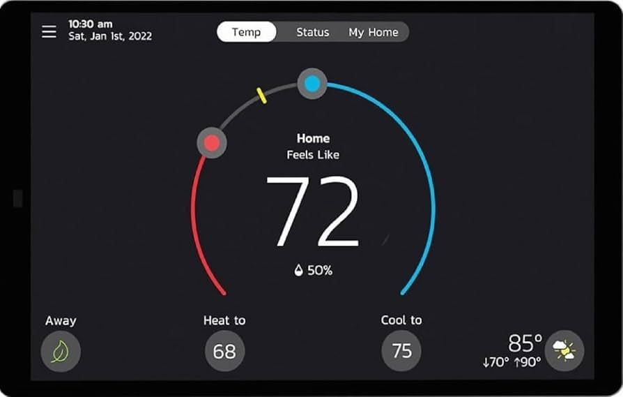 Smart thermostat displaying 72 degrees in a living room, with a red/blue temperature scale.