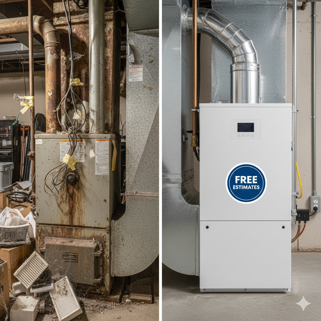 Comparison of old, rusty furnace and new, clean furnace in basement.