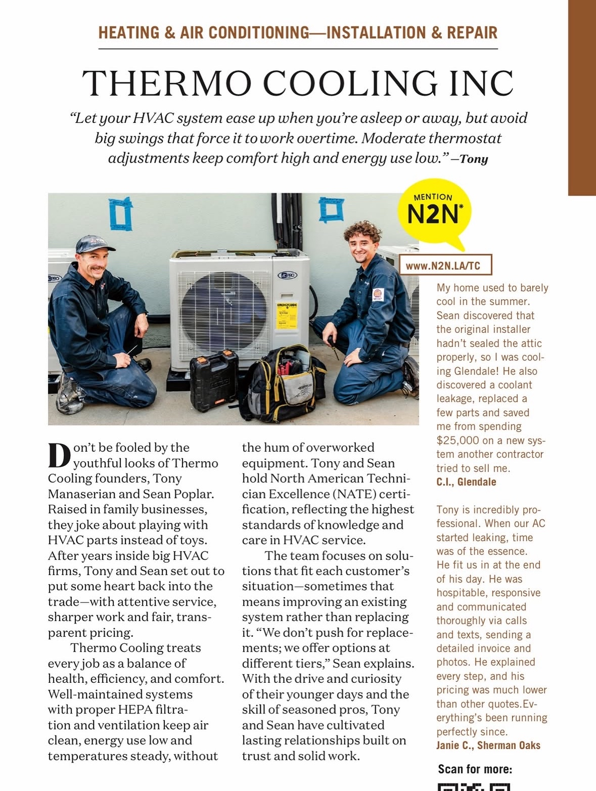 Two men in blue uniforms pose with HVAC unit, holding tools. Outdoor setting.