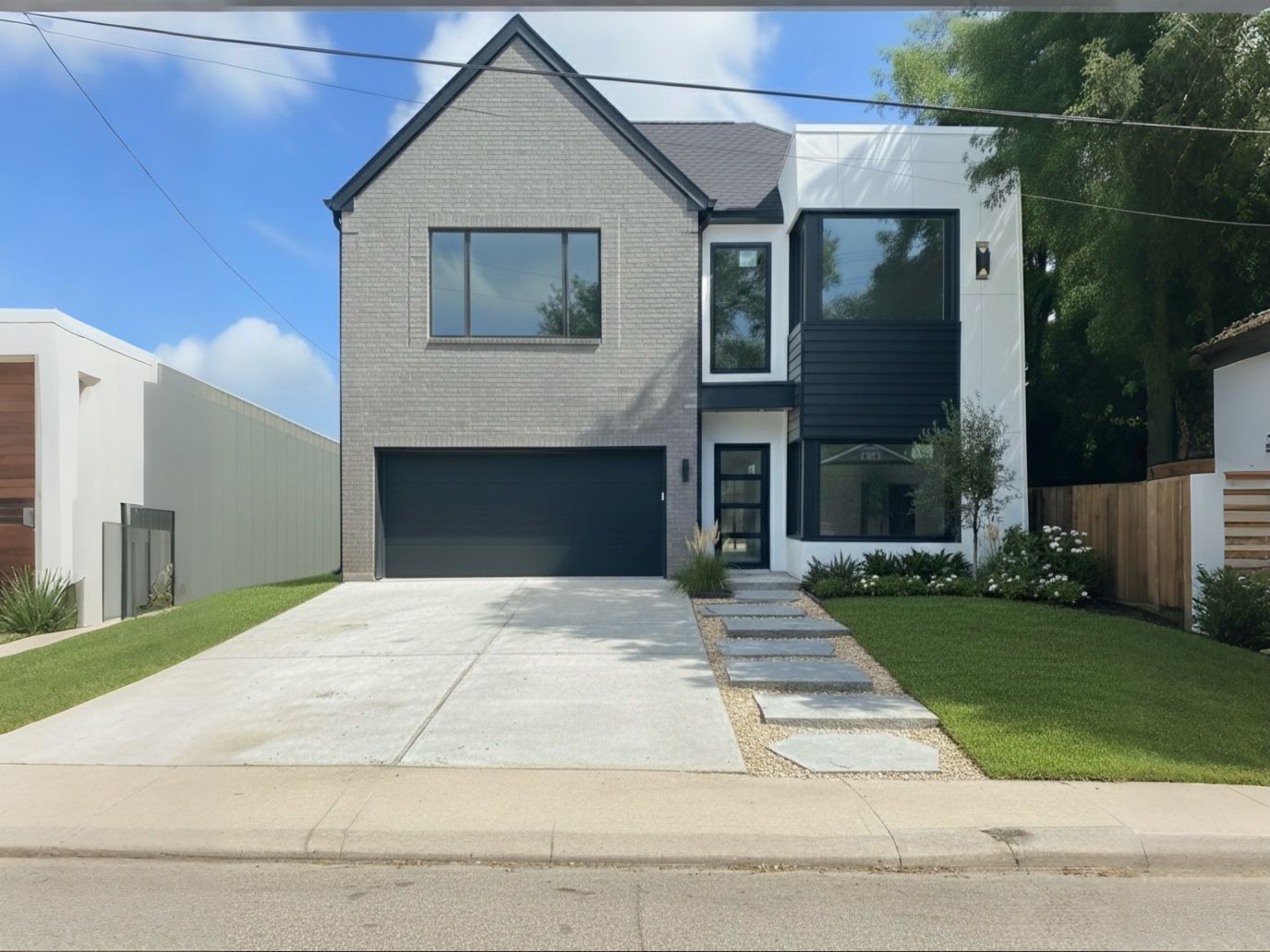 Modern white two-story house with black accents, driveway, and a blue sky.