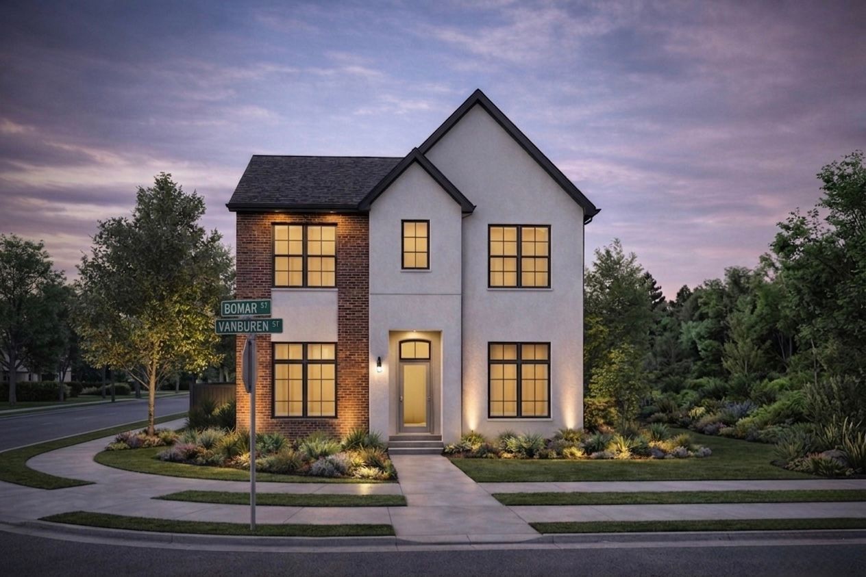 Modern white house with black accents, garage, and windows. Blue sky background.