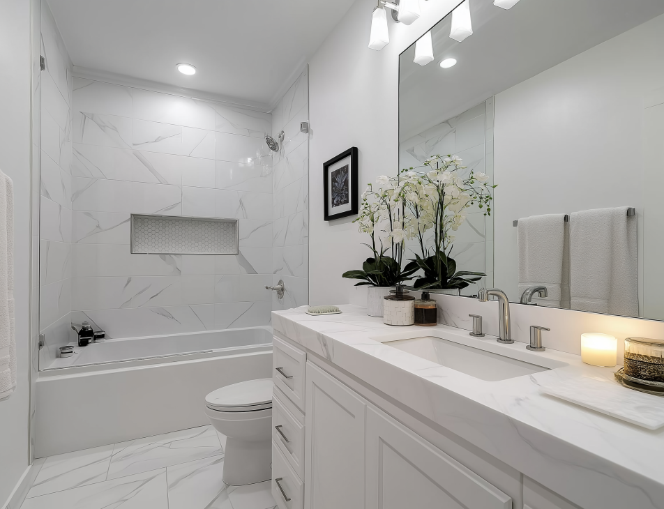 White bathroom with marble tiles, vanity, and bathtub. Includes a sink, toilet, and decor.