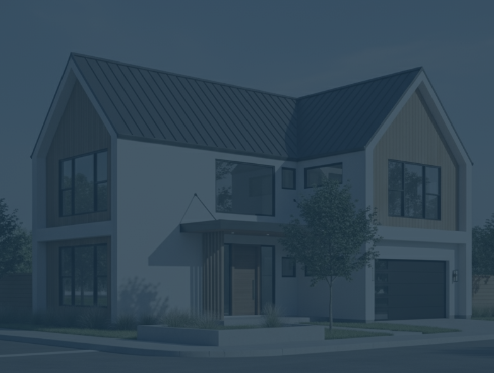 Modern white house with black accents, garage, and windows. Blue sky background.