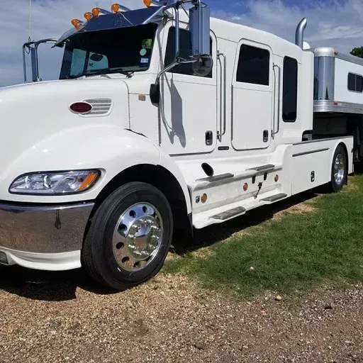 White semi-truck with chrome accents parked on grass, under a partly cloudy sky.