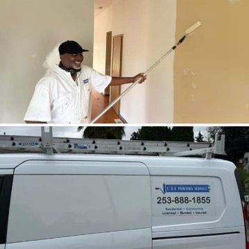 Painter using a roller on a wall; van with company logo and phone number.