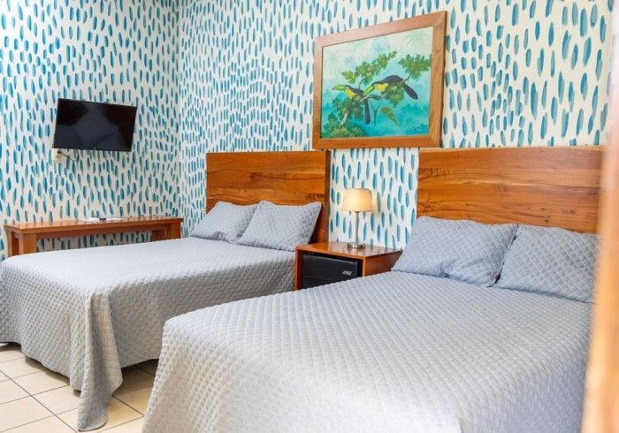 Dormitorio con dos camas, cabeceros de madera, papel pintado con estampado azul, TV y un cuadro de temática natural.