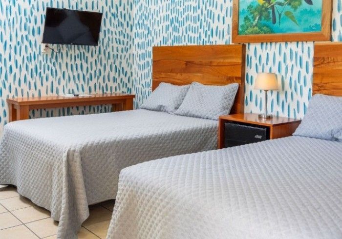 Dos camas individuales con colchas grises y cabeceros de madera en una habitación con papel pintado azul estampado.