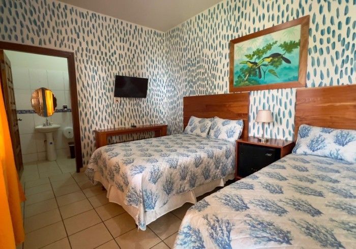 Una habitación de hotel con dos camas, un televisor y un cuadro; el papel tapiz tiene vetas azules y blancas.