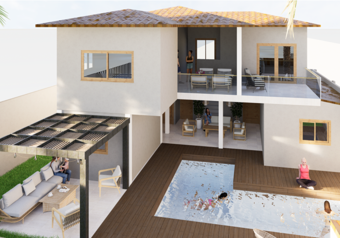 Casa de dos pisos con piscina; gente disfrutando del espacio al aire libre.