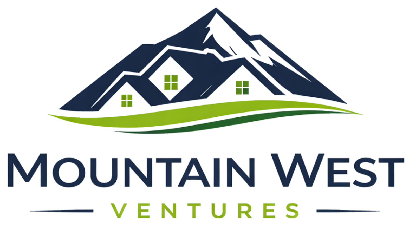 Logo for Mountain West Ventures showing dark blue house silhouettes against a mountain range over a green grassy hill.