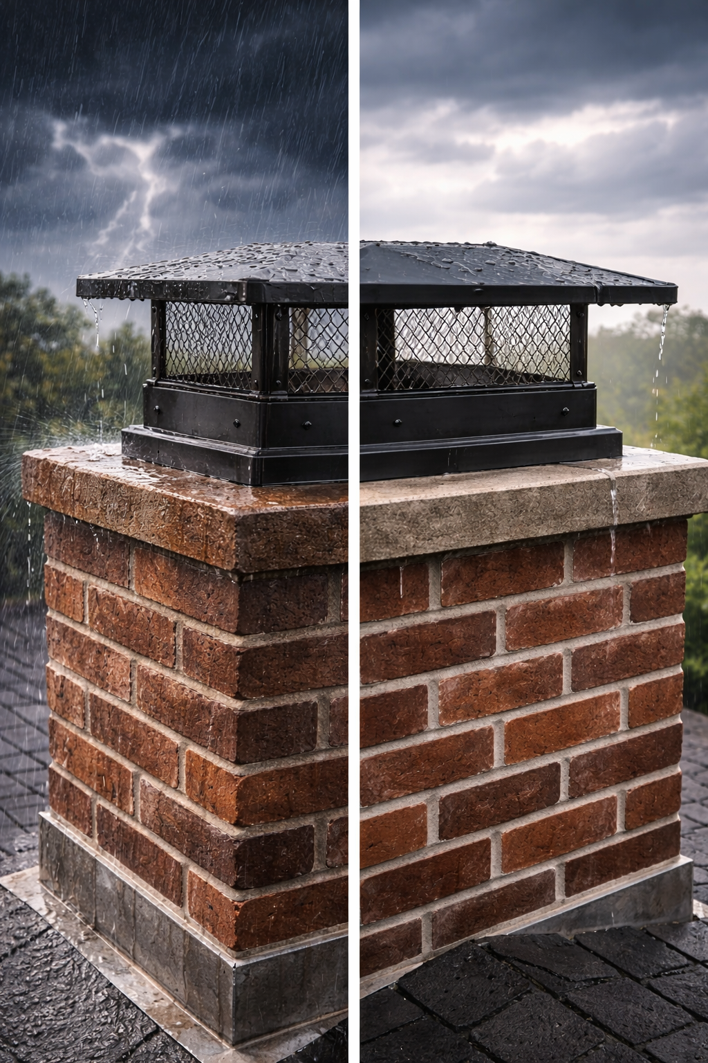 Chimney in the rain, split view. Left side: storm with lightning. Right side: cloudy, drizzle.
