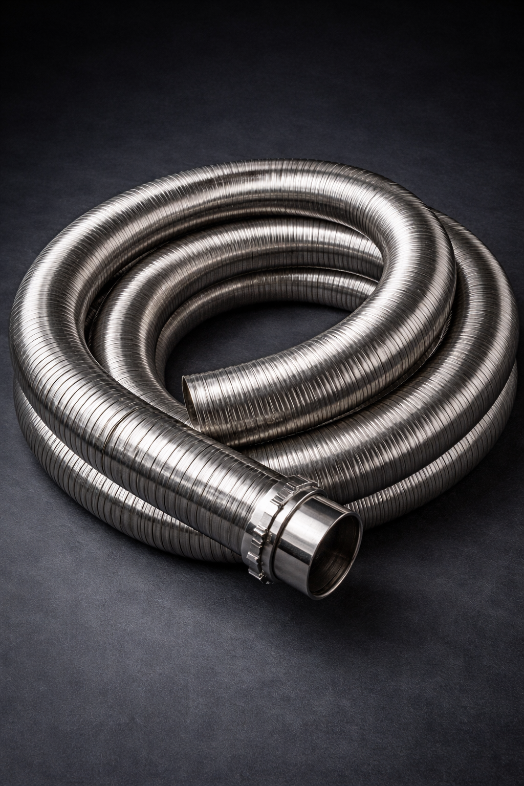 Coiled, flexible metal hose with a flared end, resting on a dark surface.
