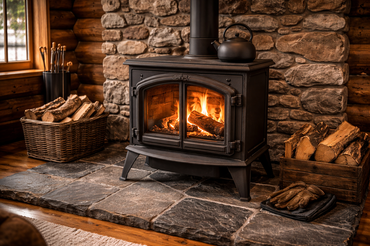 Fireplace with burning wood, surrounded by stone wall and firewood baskets.