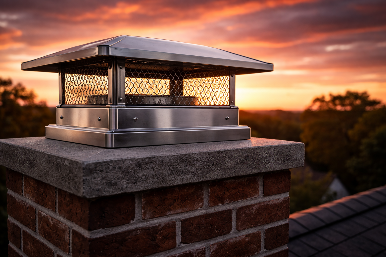 Chimney with metal cap against a sunset sky.