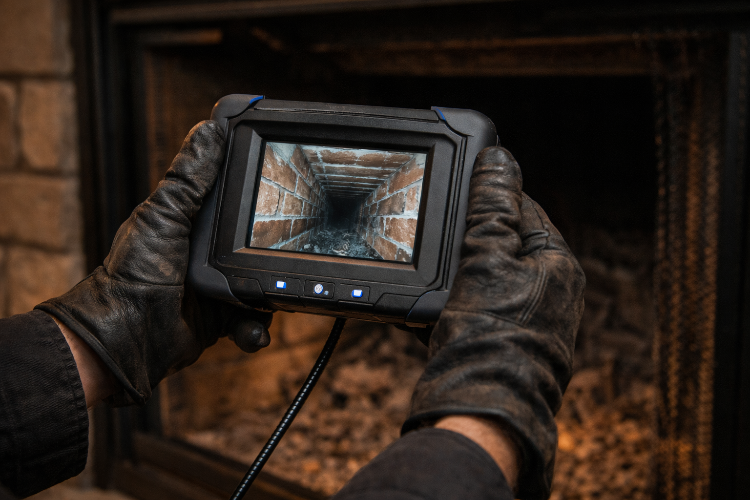 Gloved hands holding a digital inspection camera, viewing the inside of a brick chimney.