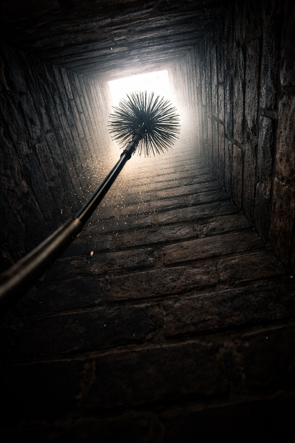 Looking up a dark brick chimney, brush cleaning soot with light at the top.
