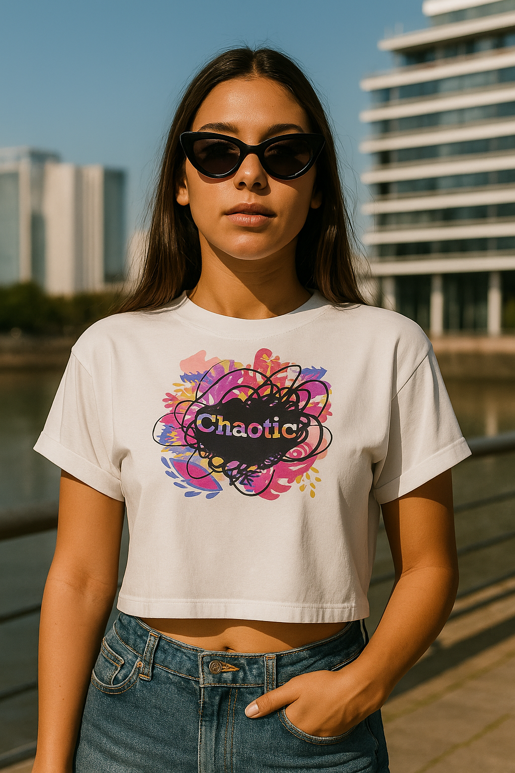 Mujer con gafas de sol y top corto con gráfico "Chaotic"; al aire libre.