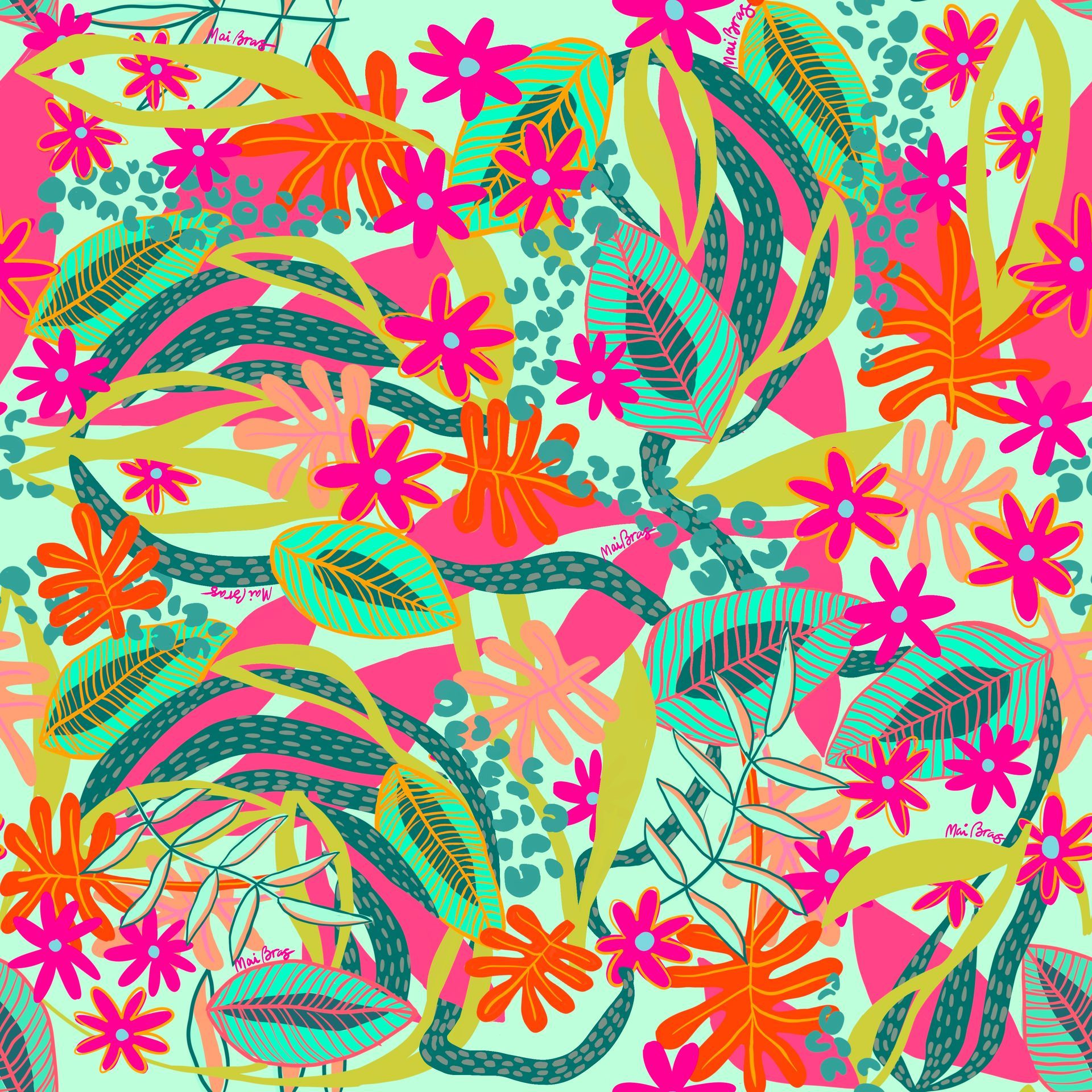 Patrón floral brillante con flores y hojas de color rosa, naranja, verde y verde azulado sobre un fondo verde claro.