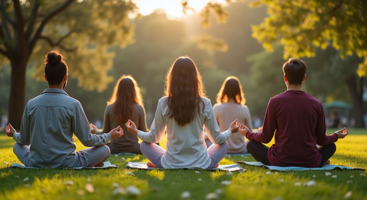 Five people meditating in a park at sunset, hands in prayer position.