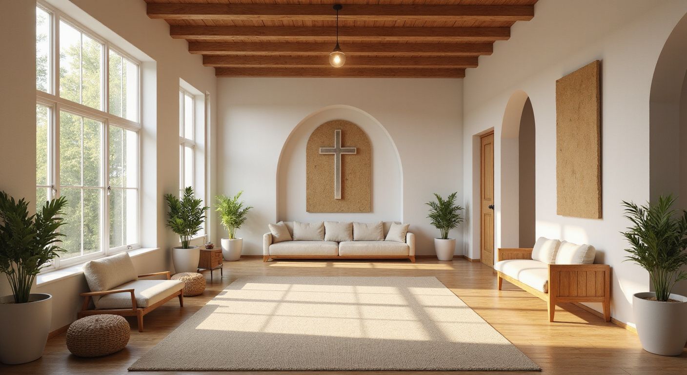 Light-filled room with white walls, wooden beams, beige furniture, plants, and a cross-shaped wall decor.