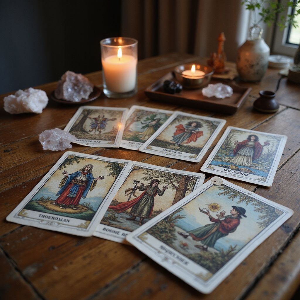 Tarot cards laid on a wooden table with candles, crystals, and a vase.