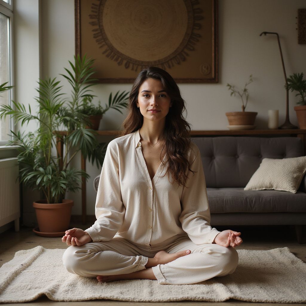 Woman in cream pajamas meditates cross-legged on a rug in a living room with plants and artwork.