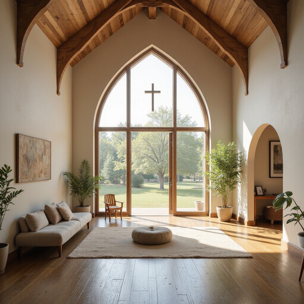 Bright interior with large arched window overlooking a park.  A cross hangs in the window. Light-colored furniture and plants.
