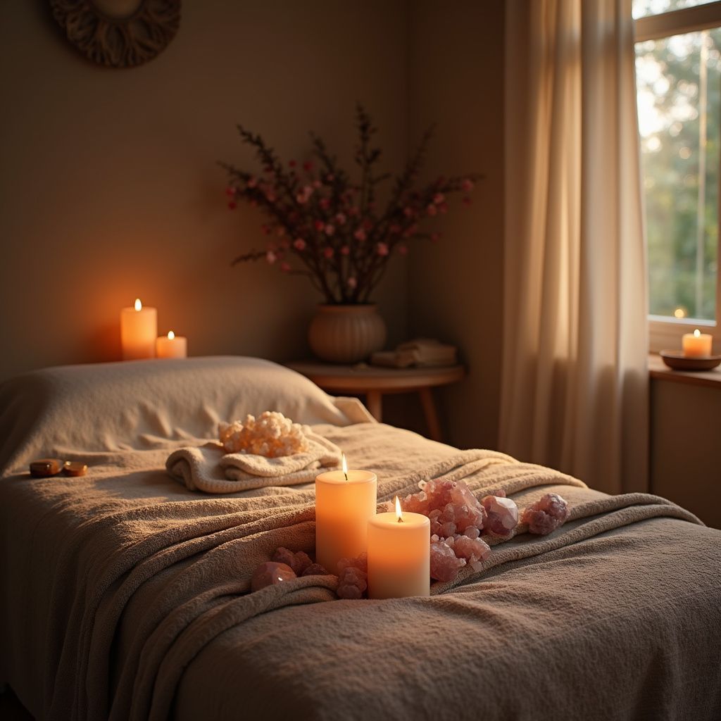 Massage room with lit candles, flowers, and crystals on a plush bed near a window.