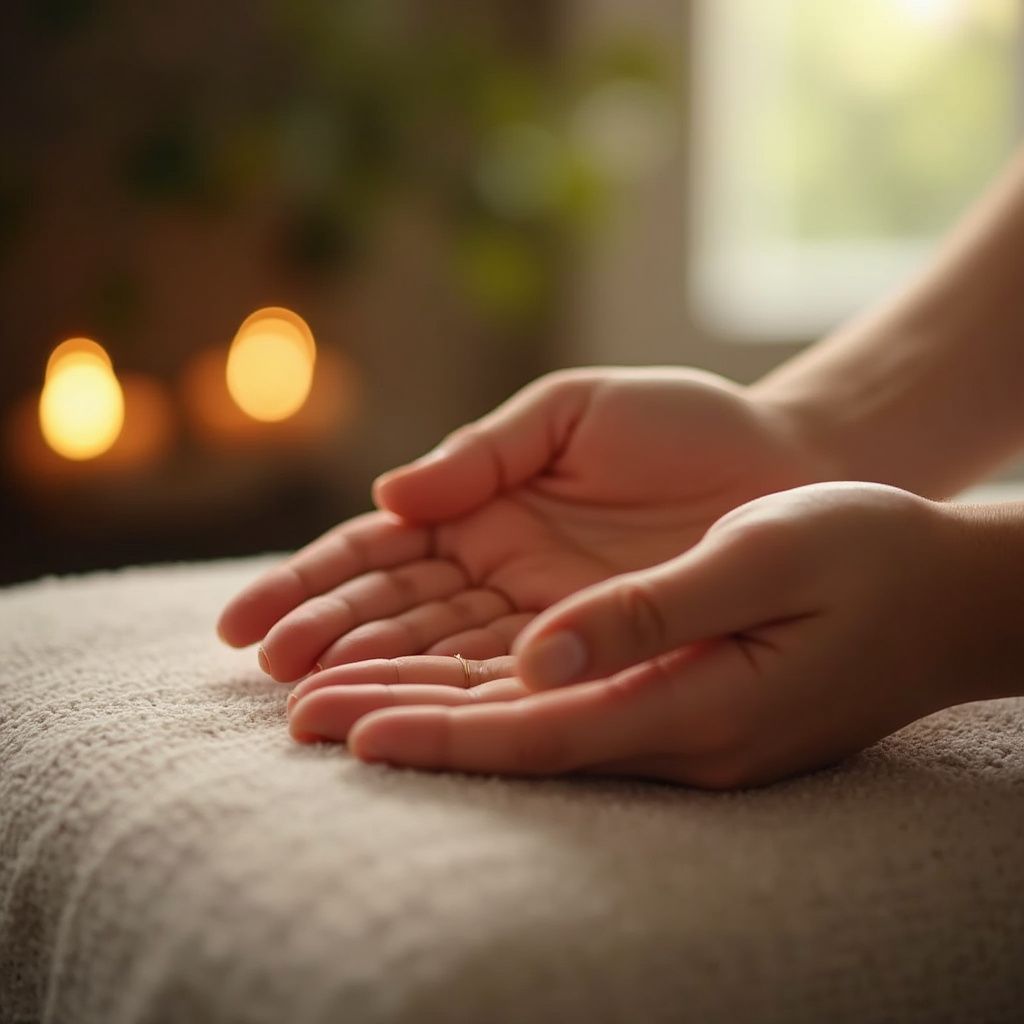 Hands cupped open over a neutral-colored surface, with blurred candles in the background.