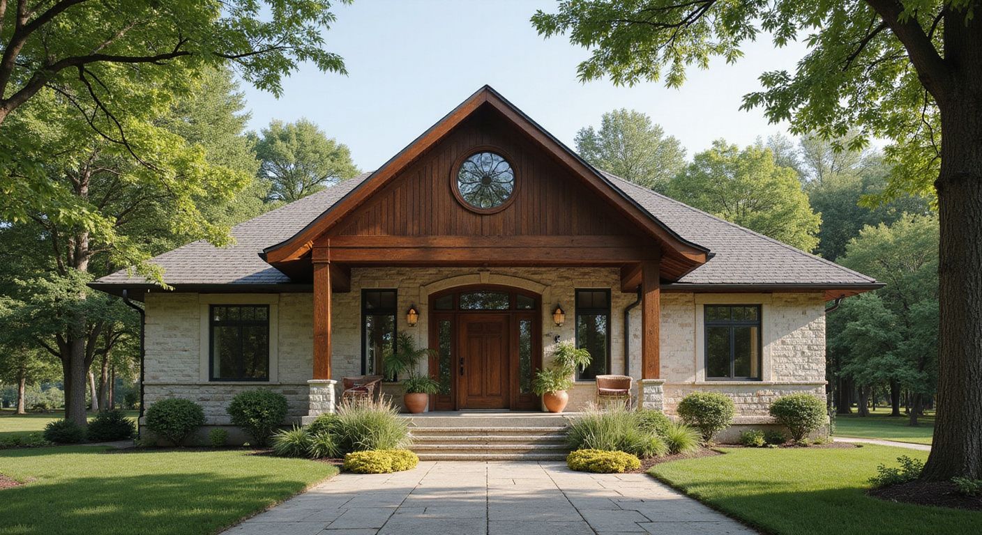 A stone-faced home with a wooden porch, and green lawn.