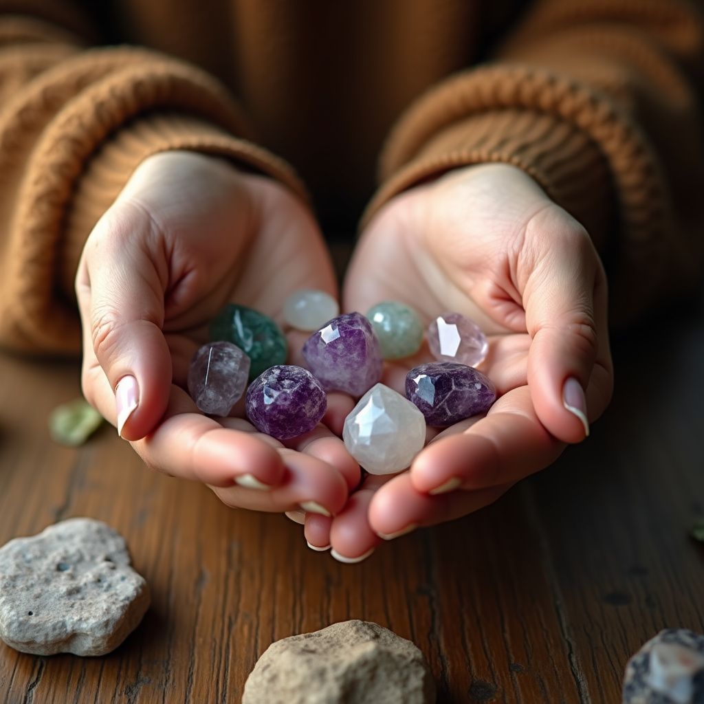 Hands cupped, holding assorted colorful gemstones, with a wooden table background.