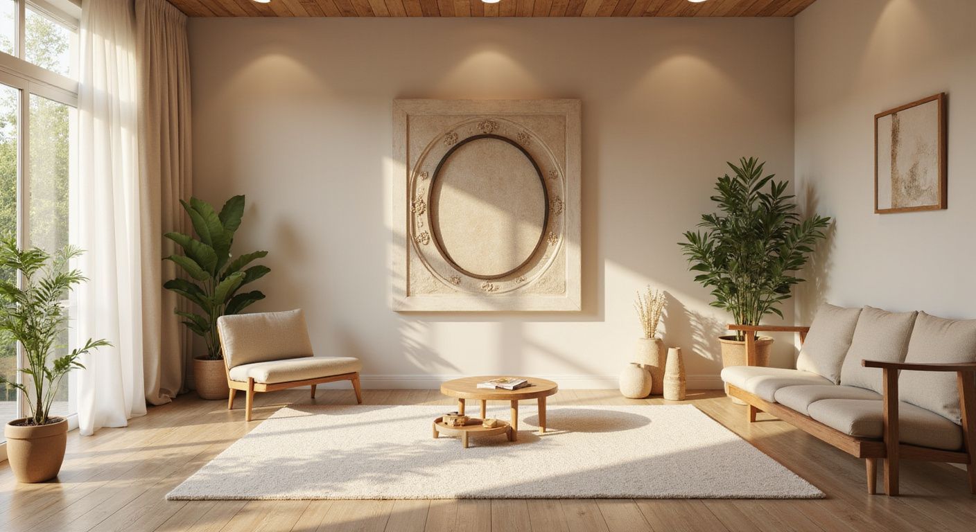Cozy living room with wooden furniture, plants, and a large rug. Natural light streams in.