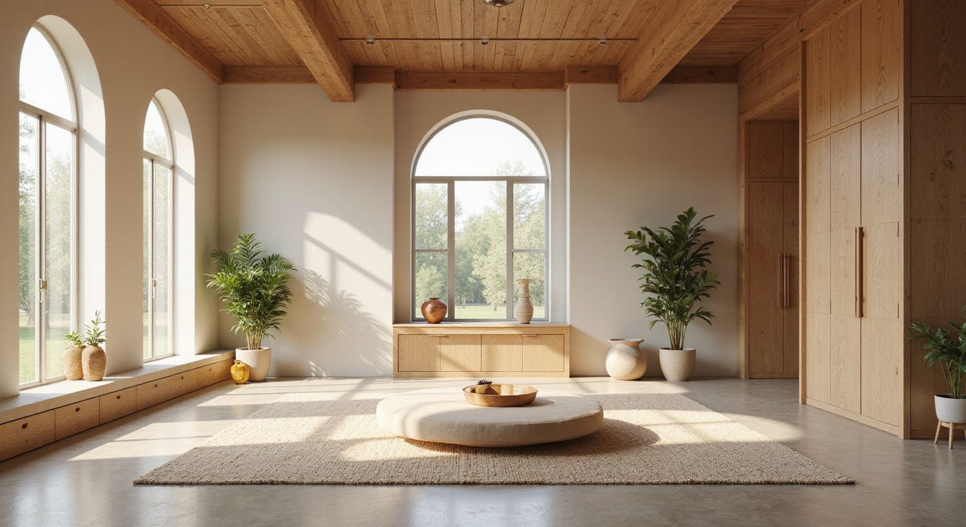 Spacious, sunlit room with arched windows, wooden beams, and plants. A round ottoman sits on a rug.