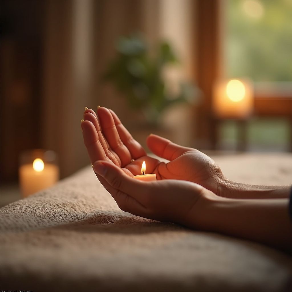 Hands cupping a lit candle, soft lighting, intimate setting.