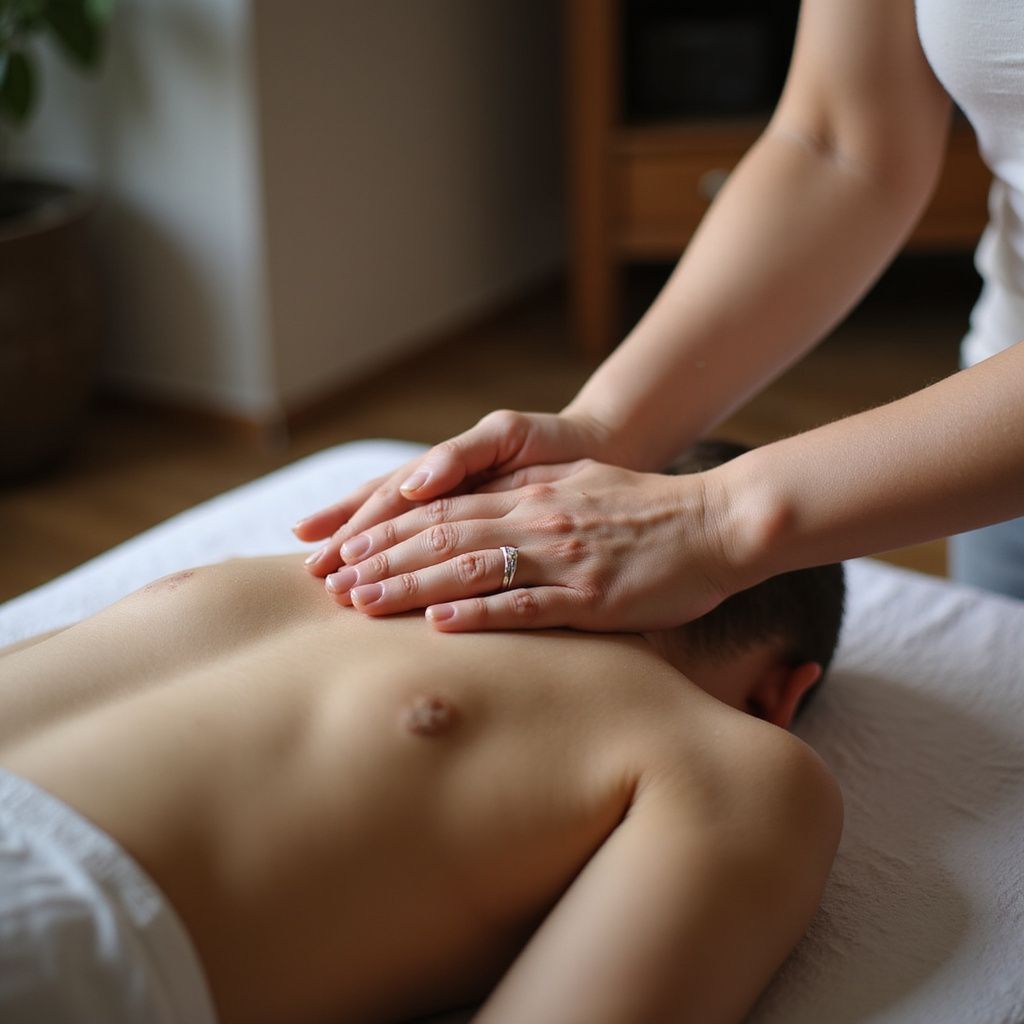 Person receiving a massage; hands on their back, white sheet, natural light.