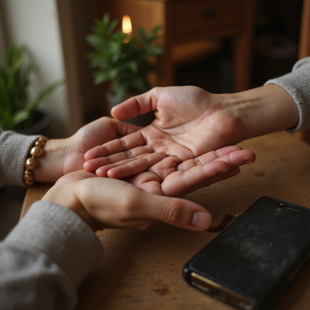 Two people's hands close together, one person's palm open to another. A phone sits nearby.