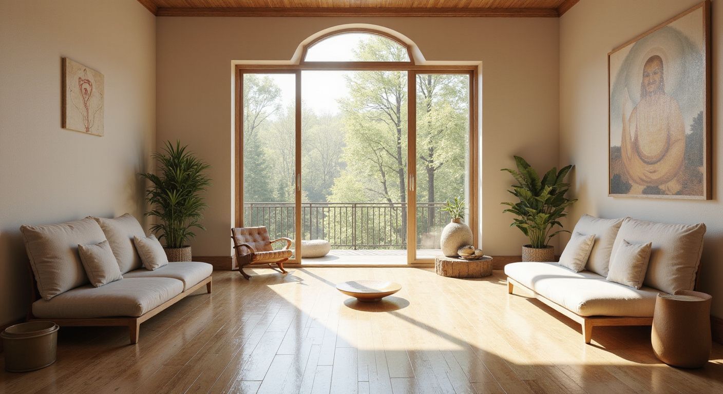 Interior with large window overlooking trees, two couches, art, and wooden floor.