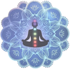 Silhouette meditating with chakra colors, set against a blue mandala.