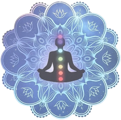 Silhouette meditating with chakra colors, set against a blue mandala.