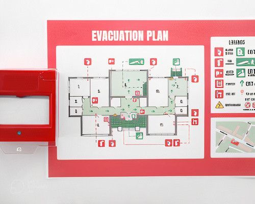 Un plan d'évacuation rouge et blanc est accroché sur un mur.