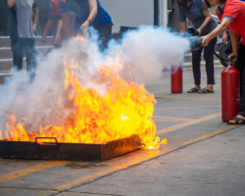 Un groupe de personnes utilise des extincteurs pour éteindre un incendie.