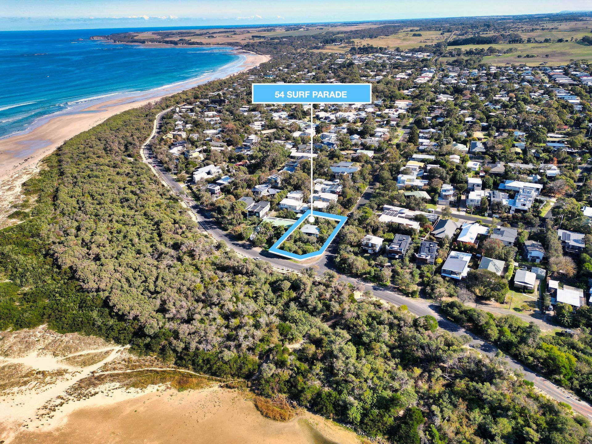 Aerial view of Surf Parade Inverloch beachfront real estate