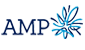 A logo for amp with a blue flower on a white background.